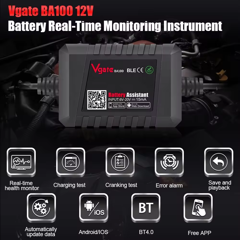 Vgate BA100 Car Battery Tester 12V Monitor Bluetooth 4.0 Battery Assistant Auto Analyzer Tester for Android/IOS