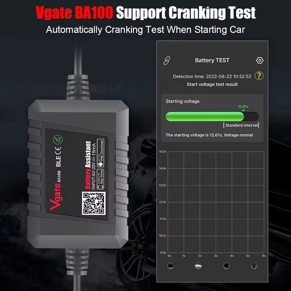 Vgate BA100 Car Battery Tester 12V Monitor Bluetooth 4.0 Battery Assistant Auto Analyzer Tester for Android/IOS