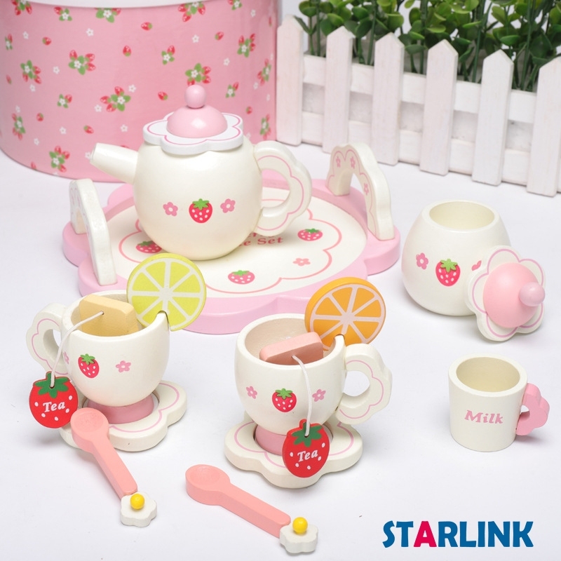 Children's wooden simulation play house role play pink strawberry afternoon tea play house tea set