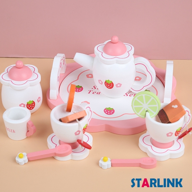 Children's wooden simulation play house role play pink strawberry afternoon tea play house tea set
