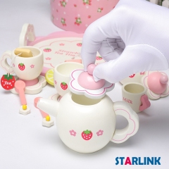 Children's wooden simulation play house role play pink strawberry afternoon tea play house tea set