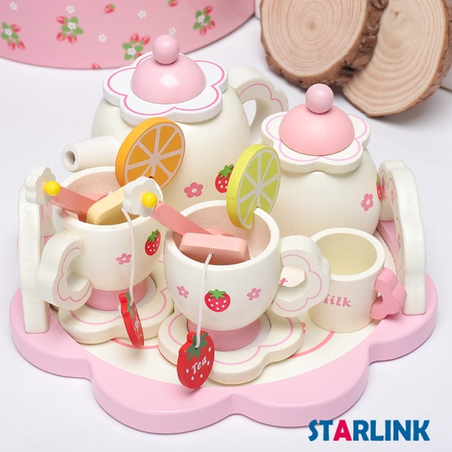 Children's wooden simulation play house role play pink strawberry afternoon tea play house tea set