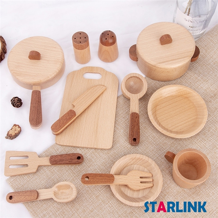 High quality beech wooden kitchenware cooking toy children pretend play miniature wooden pots tableware set toy for kids