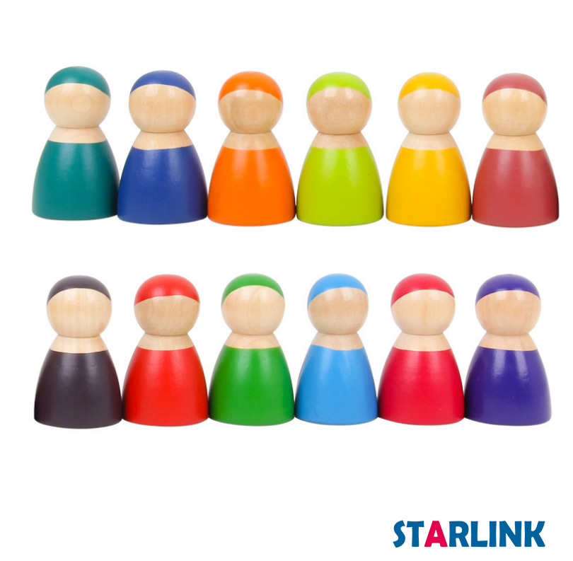 Montessori Material 12 Pcs Rainbow Wooden Peg Dolls Pretend Play for Toddlers