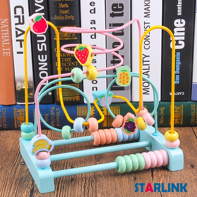 Wooden Macaron Fruit Round Beads Wooden Educational Kids Desserts Bead Maze Abacus Circle Toys Roller Coaster Game for Kids