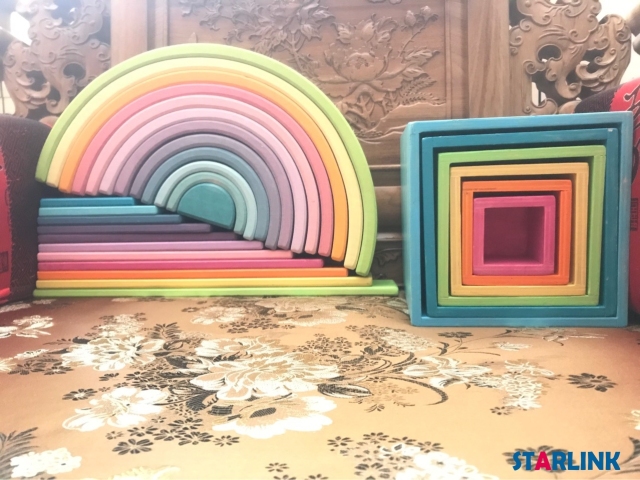 High Quality Materiales Montessori Wooden Toys Grimms Rainbow Blocks12 Piece Bridge Blocks Rainbow Stackers