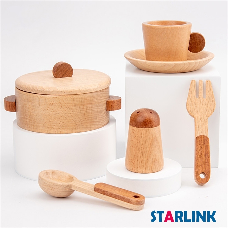 High quality beech wooden kitchenware cooking toy children pretend play miniature wooden pots tableware set toy for kids