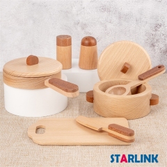 High quality beech wooden kitchenware cooking toy children pretend play miniature wooden pots tableware set toy for kids