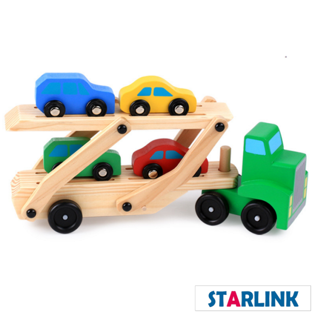 Children Educational Wood Truck Train Car Toy Double Deck Race Car Carrier Push Along Vehicle Kids Wooden Toy Car