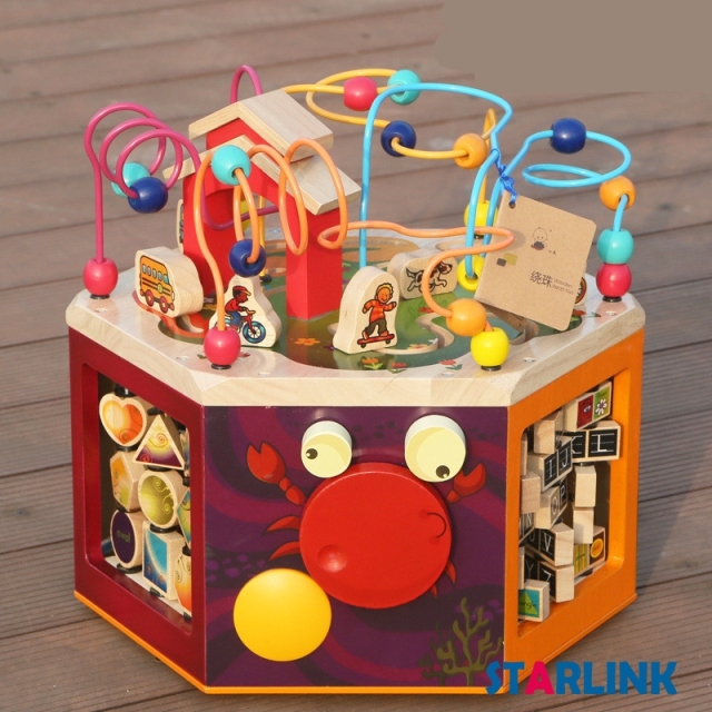 Multi-function wooden activity cube toys educational children shape match bead maze box toys for kids