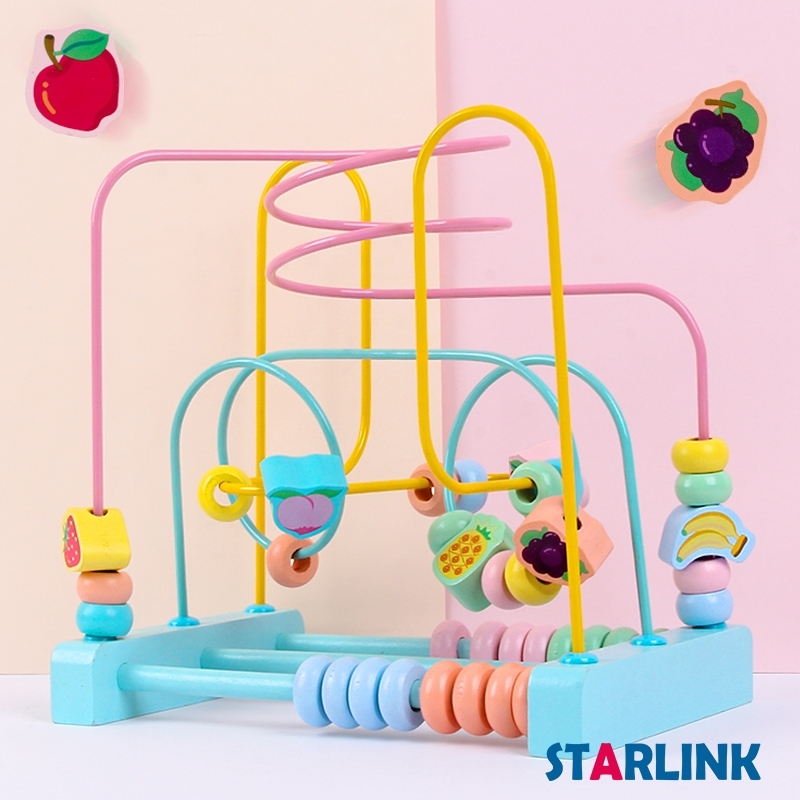 Wooden Macaron Fruit Round Beads Wooden Educational Kids Desserts Bead Maze Abacus Circle Toys Roller Coaster Game for Kids