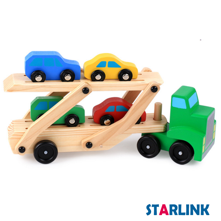 Children Educational Wood Truck Train Car Toy Double Deck Race Car Carrier Push Along Vehicle Kids Wooden Toy Car