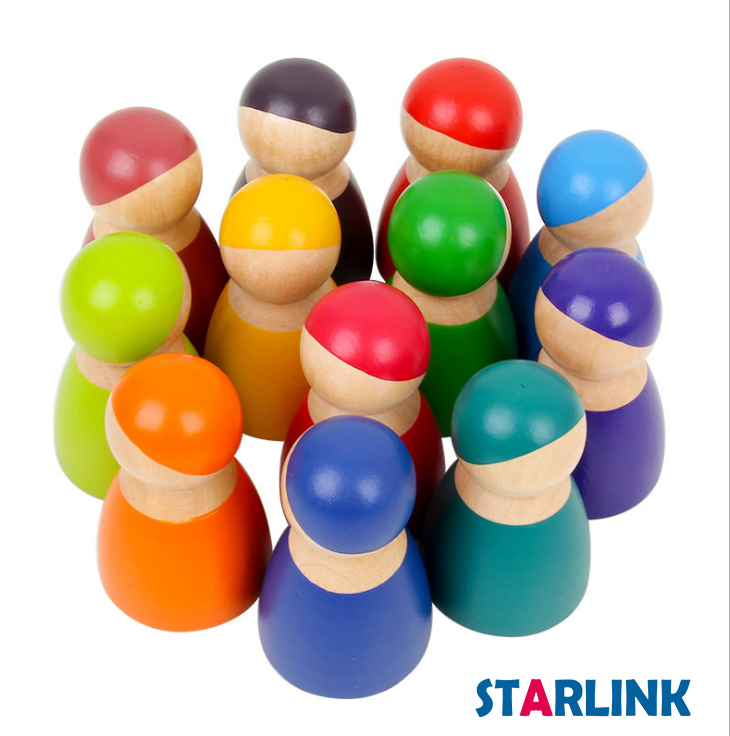 Montessori Material 12 Pcs Rainbow Wooden Peg Dolls Pretend Play for Toddlers