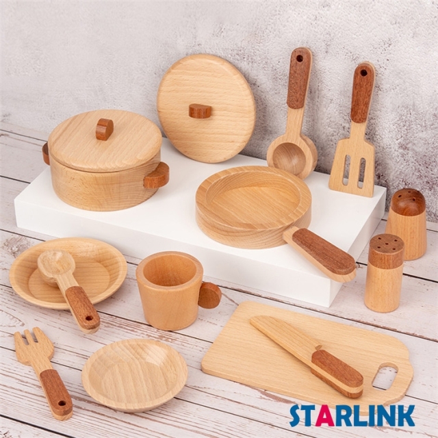 High quality beech wooden kitchenware cooking toy children pretend play miniature wooden pots tableware set toy for kids