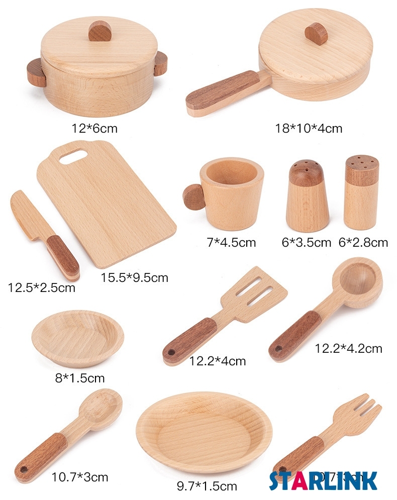 High quality beech wooden kitchenware cooking toy children pretend play miniature wooden pots tableware set toy for kids