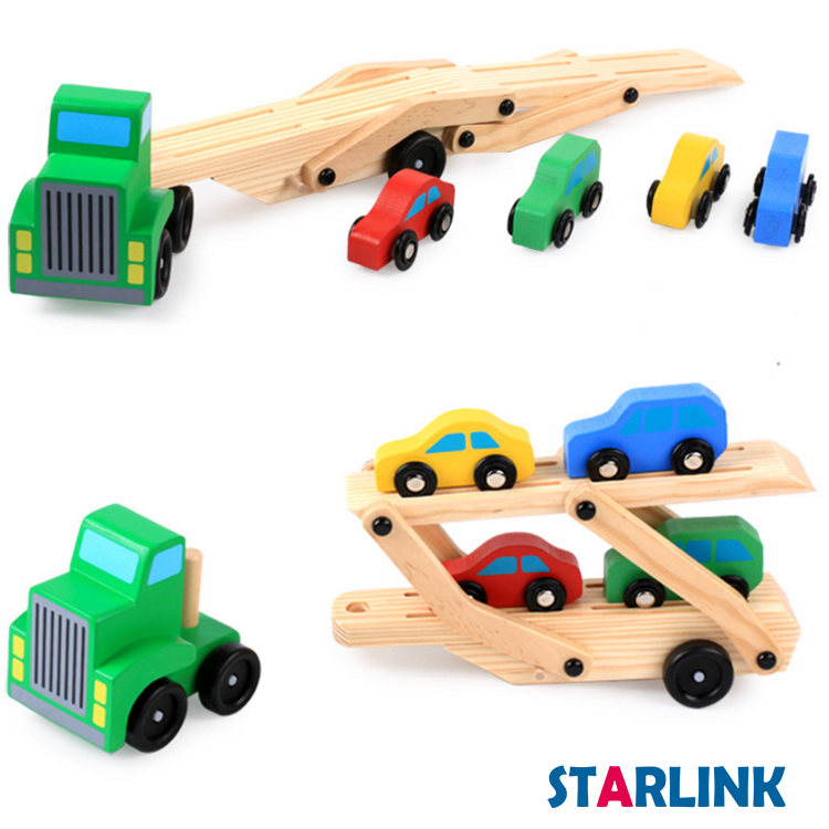 Children Educational Wood Truck Train Car Toy Double Deck Race Car Carrier Push Along Vehicle Kids Wooden Toy Car