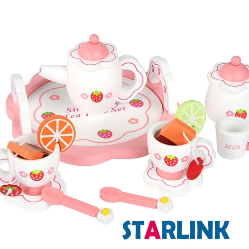 Children's wooden simulation play house role play pink strawberry afternoon tea play house tea set