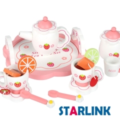 Children's wooden simulation play house role play pink strawberry afternoon tea play house tea set