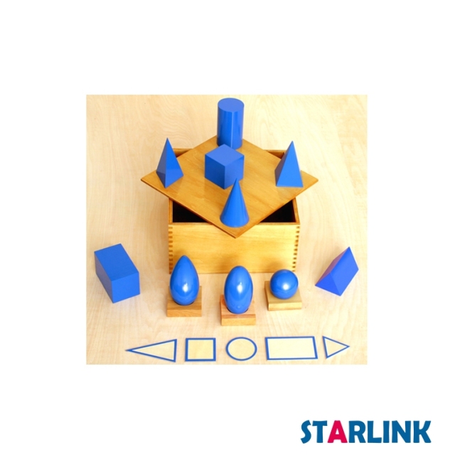 Montessori Materials Blue Geometric Solids with Wooden Bases and Planes