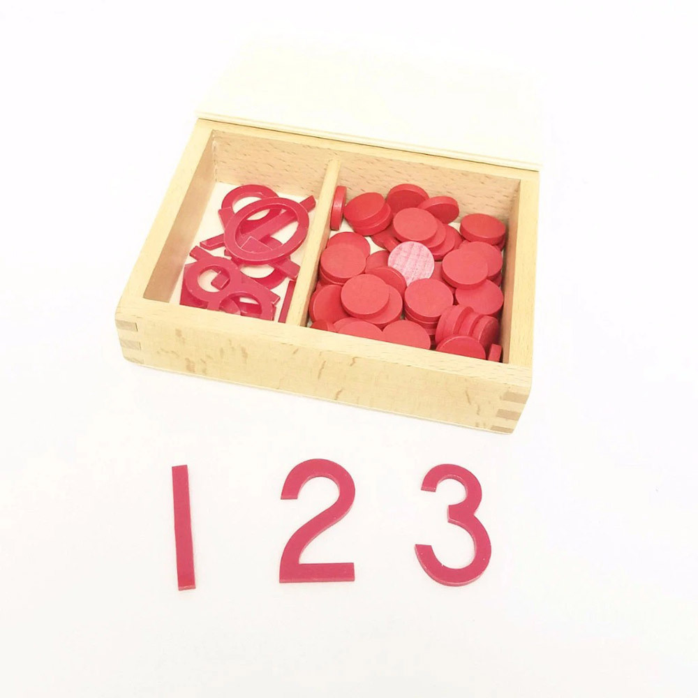 Baby Wooden Math Counting Material Montessori Red Cut out Numeral And Counters Educational Toys