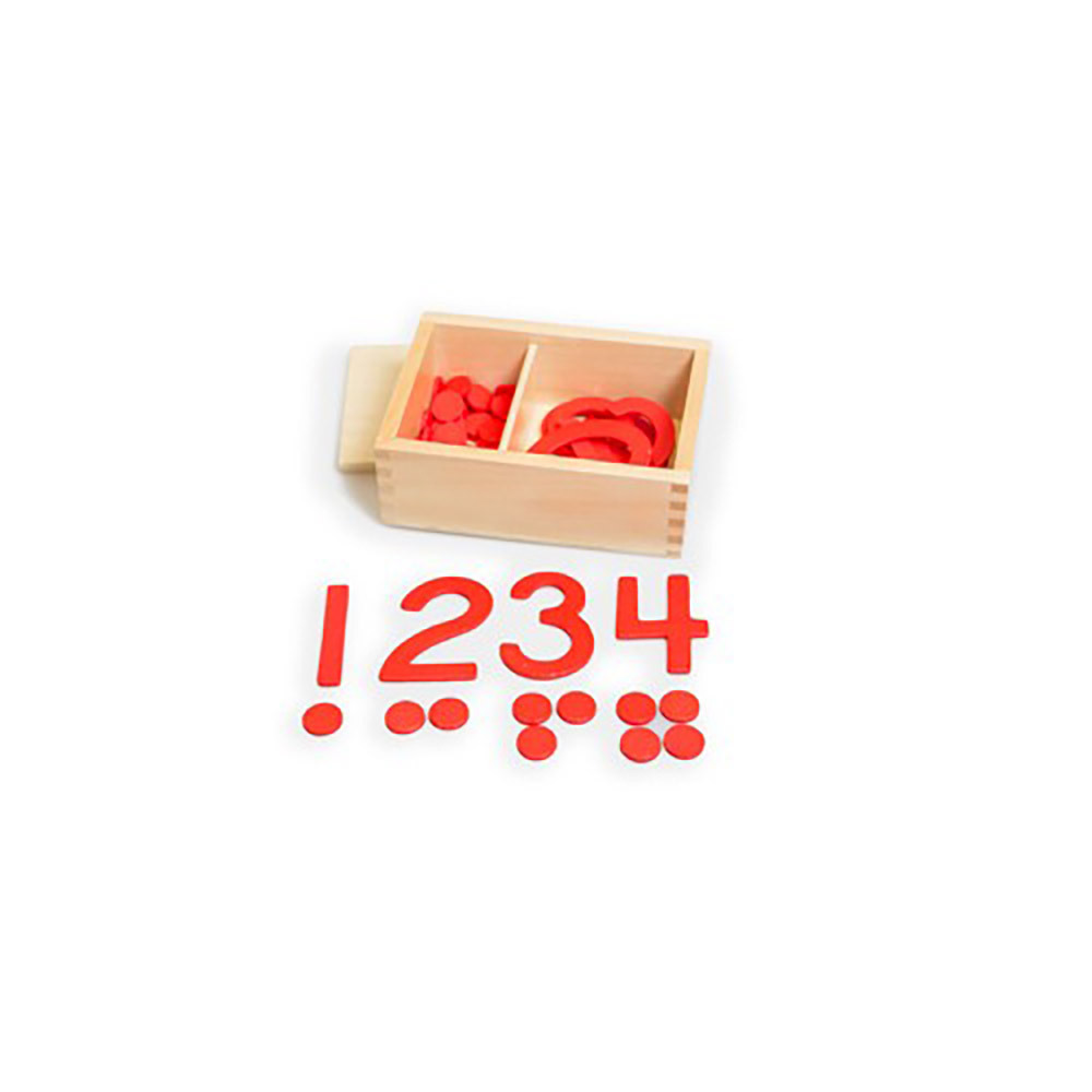 Baby Wooden Math Counting Material Montessori Red Cut out Numeral And Counters Educational Toys