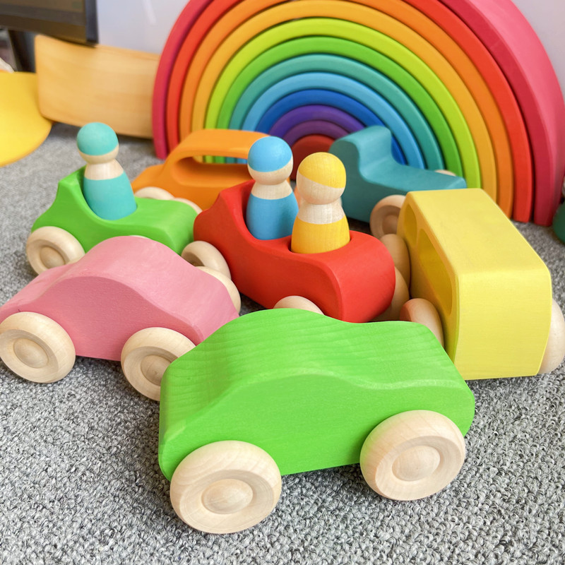 Montessori Educational Toy Children Wooden Cars Kids Stack Rainbow Toys Toddler Wooden Car Toy