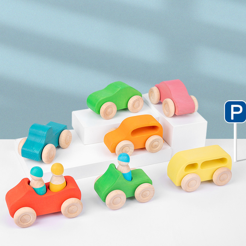 Montessori Educational Toy Children Wooden Cars Kids Stack Rainbow Toys Toddler Wooden Car Toy