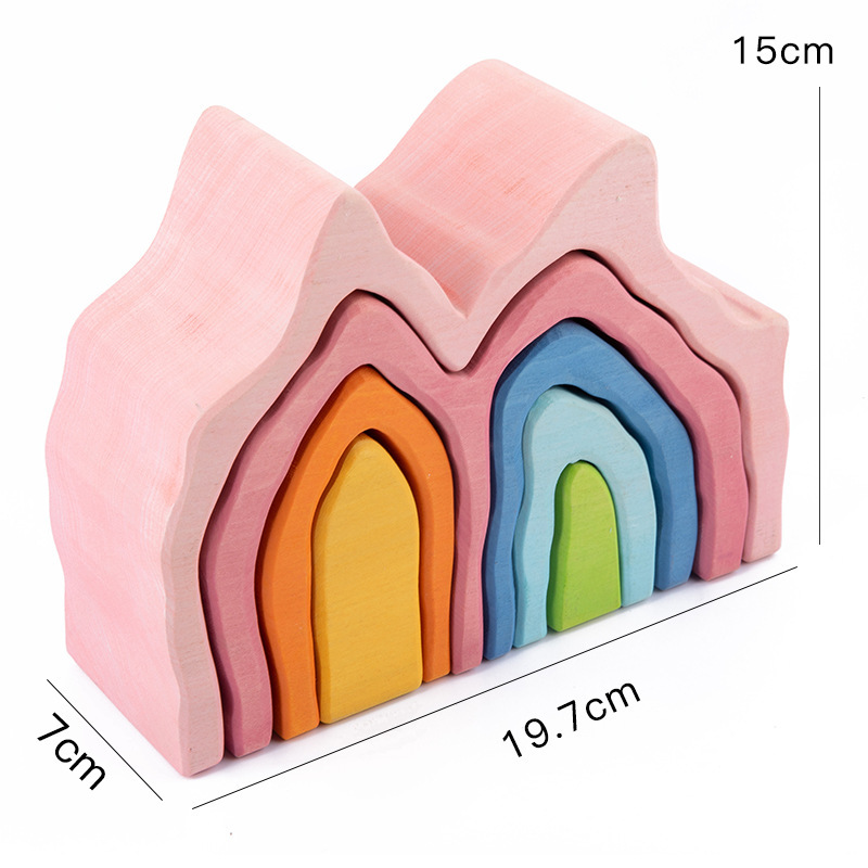 Montessori Educational Toy House Shaped Rainbow Color Wooden Blocks For Kids Play