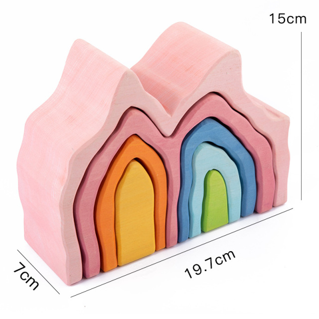 Montessori Educational Toy House Shaped Rainbow Color Wooden Blocks For Kids Play