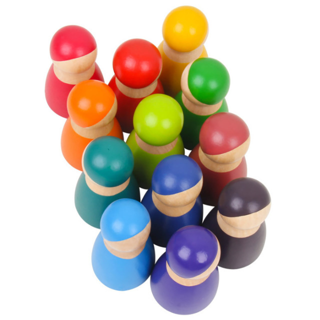 Montessori Toys 12 Piece Colored Rainbow Block Wooden Peg Dolls 12 pcs Preschool Pretend Play Toys