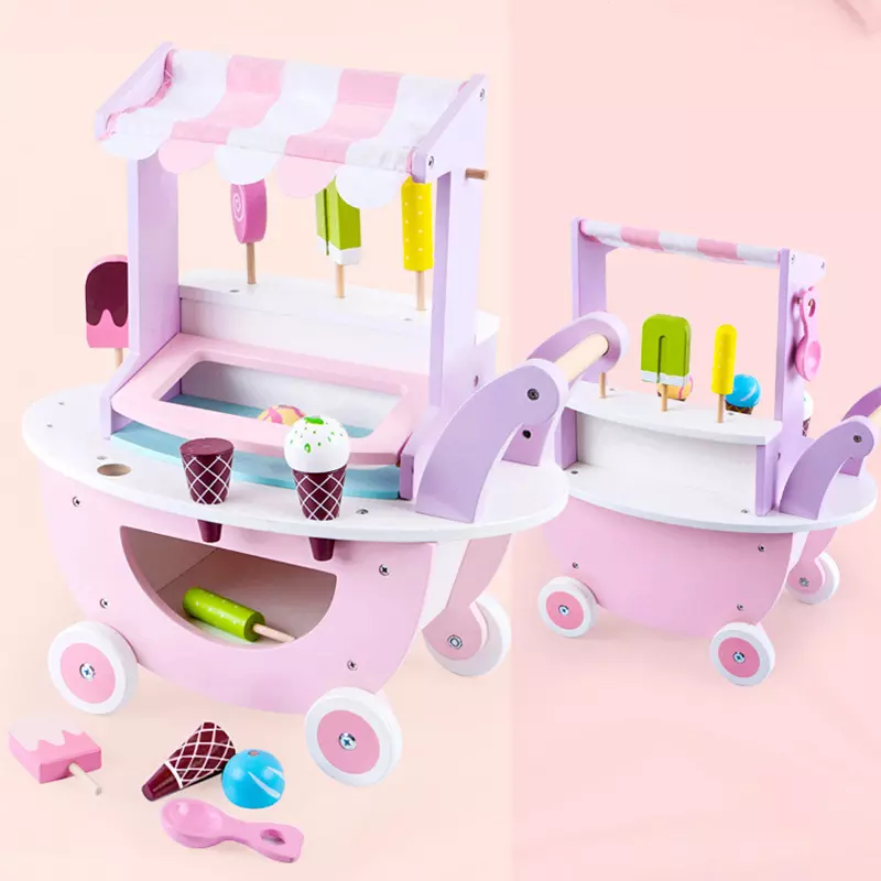 Montessori Child Play House Toys Simulation Ice Cream Trolley Shopping Toy Kitchen Play Wooden Pretend Toy