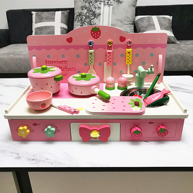 Children's Pink Strawberry Kitchen Stove Simulation Play House Set Simulation Cooking Cookware Toys