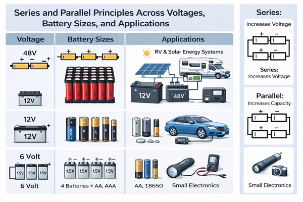 Series and parallel principles applied across different voltages, battery sizes, and applications