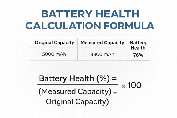 Battery health calculation formula showing capacity comparison and percentage estimation.
