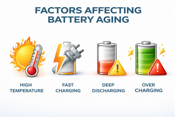 Icons showing key factors that influence battery aging, including temperature, charging behavior, and usage patterns.