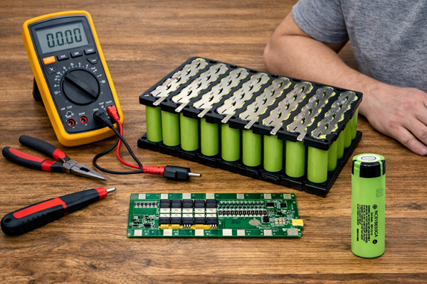 DIY ebike battery build illustrating battery cells, BMS protection board, and battery enclosure components