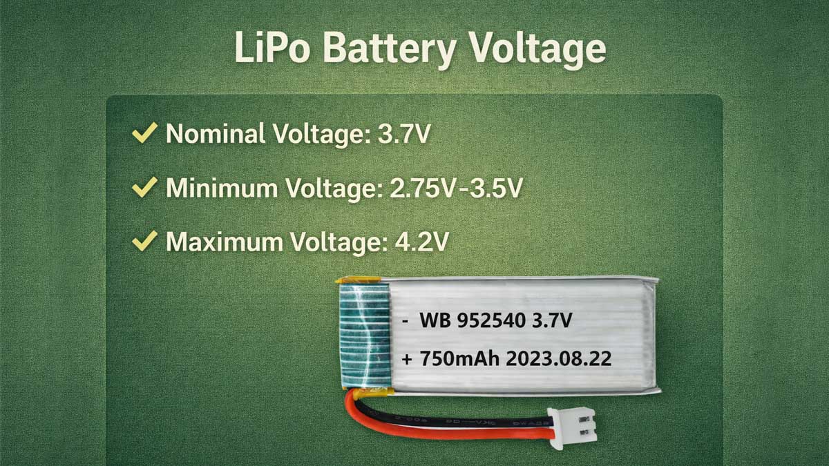 LiPo battery voltage levels including minimum, storage, nominal, and maximum voltage per cell