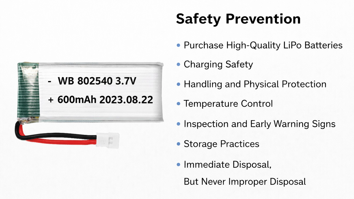 LiPo battery safety prevention showing proper charging, handling, storage, inspection, and correct disposal practices