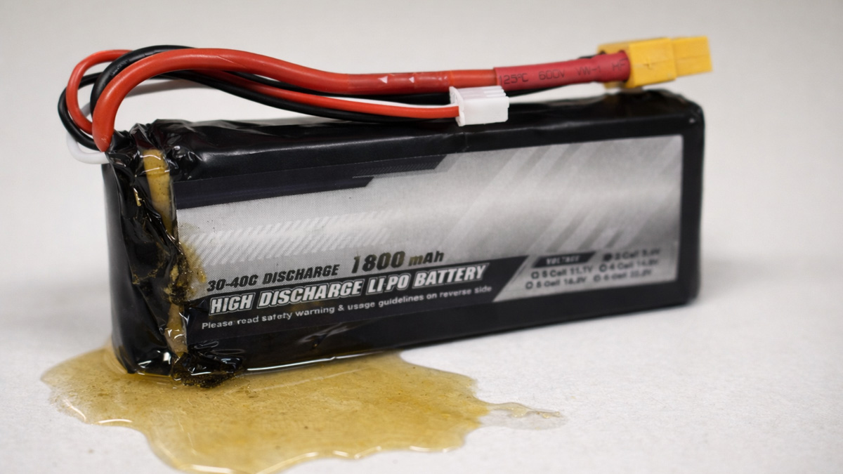 Leaking LiPo battery with damaged pouch and electrolyte residue—stop using and dispose of it safely