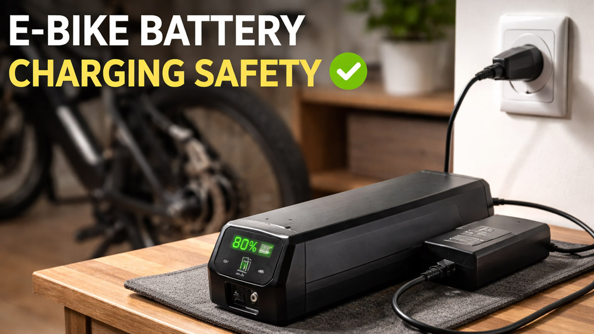 Charging safety tips for Ebike batteries, including indoor charging, overnight charging risks, how to charge a dead battery safely, and whether batteries can fail when not charging.