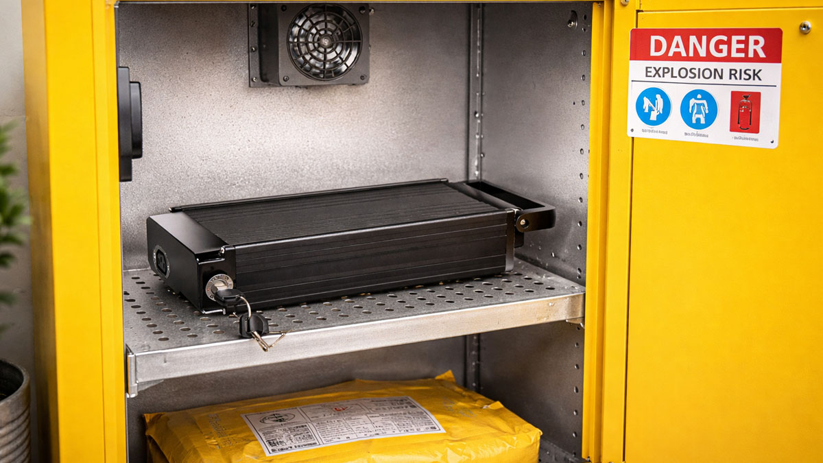 Ebike battery storage guidance covering indoor storage, best place and best method, safe storage locations, and long-term storage.