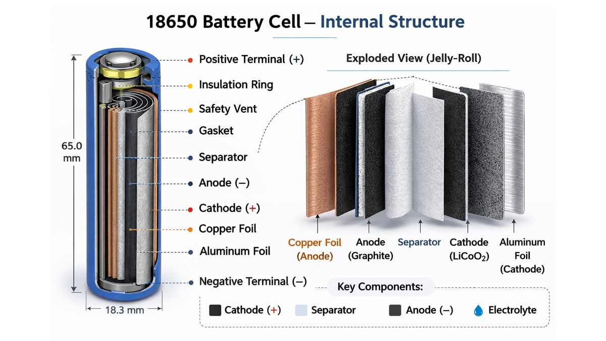 18650 battery size, structure, energy density and internal characteristics