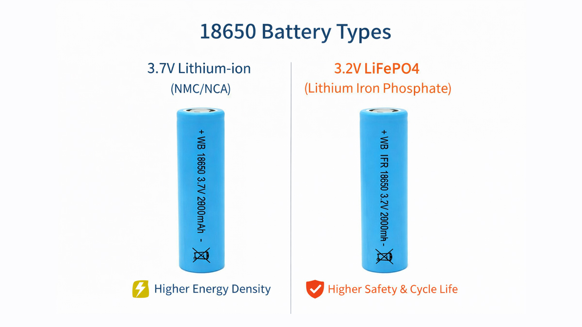 18650 battery types including 3.7V lithium-ion and 3.2V LiFePO4
