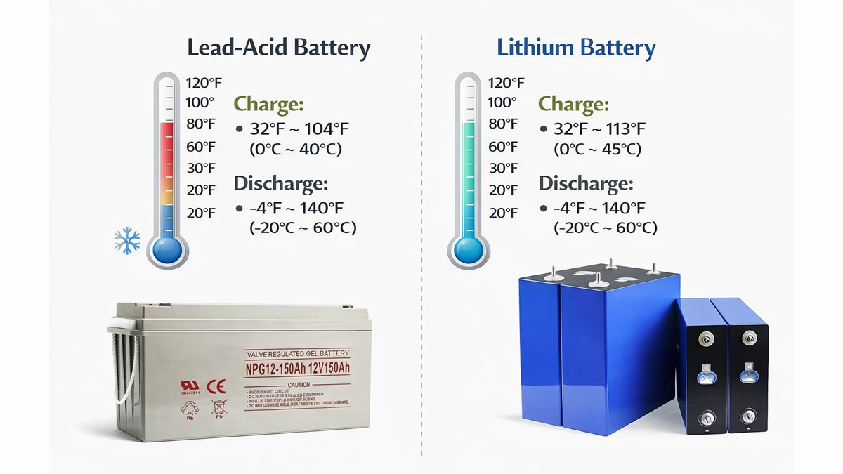 temperature range comparison of lead-acid and lithium batteries for charging and discharging