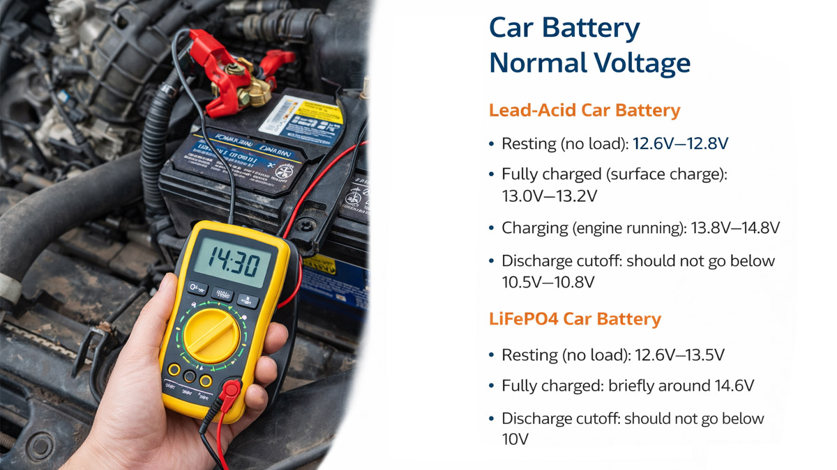car battery normal voltage with typical levels and low voltage conditions