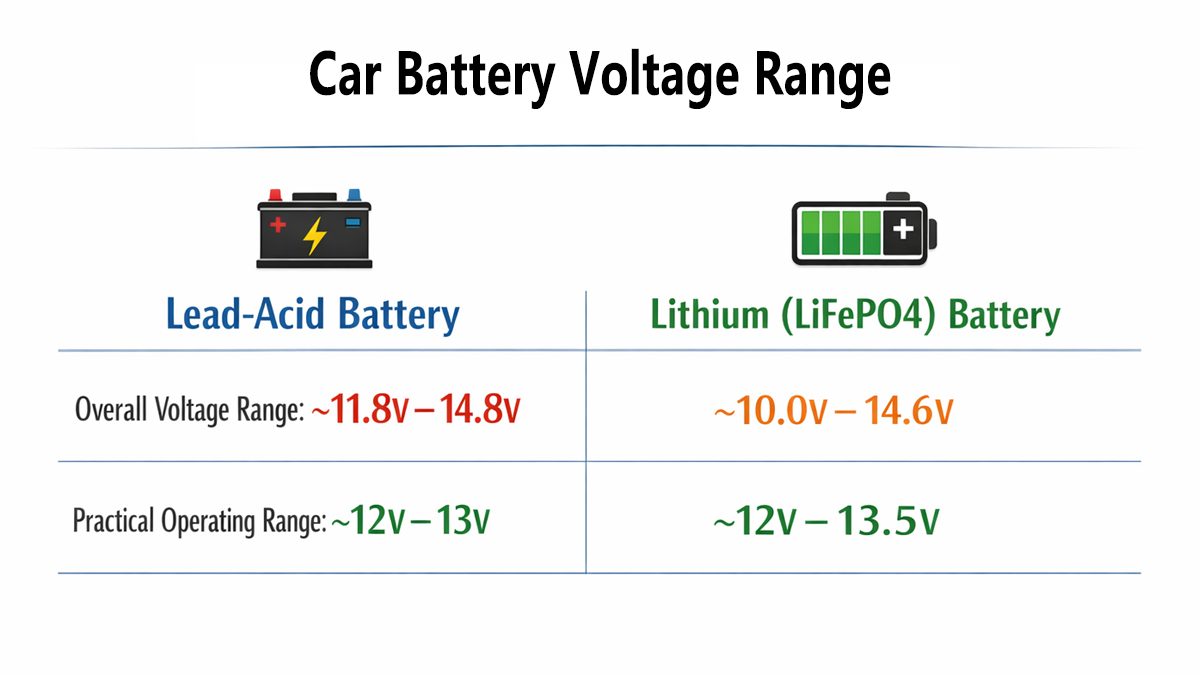 car battery voltage range showing typical operating levels and the wider range seen in real conditions