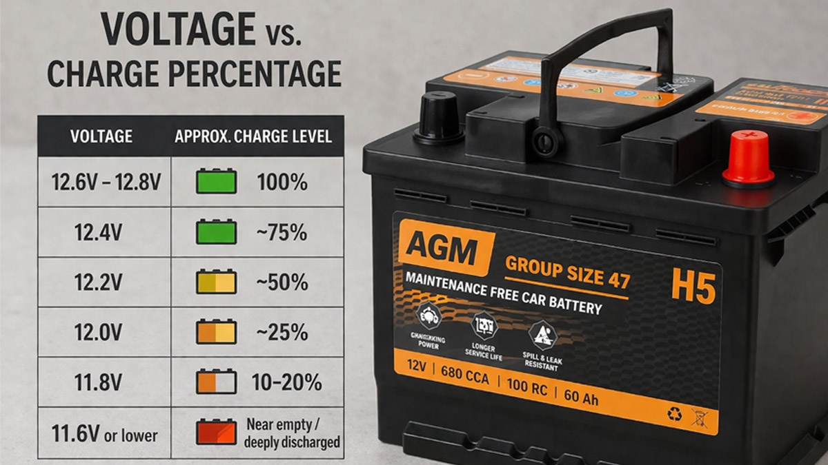 car battery voltage compared to charge level from full to low