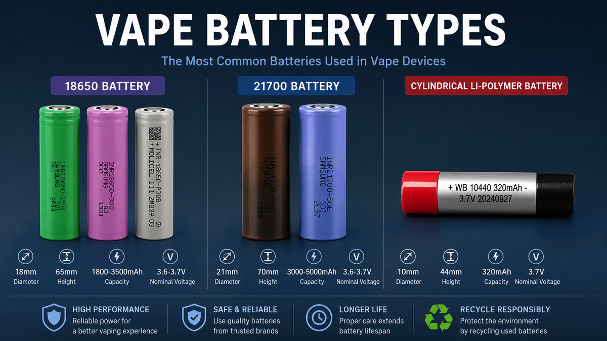 Different types of vape batteries used in disposable vapes and vape mods