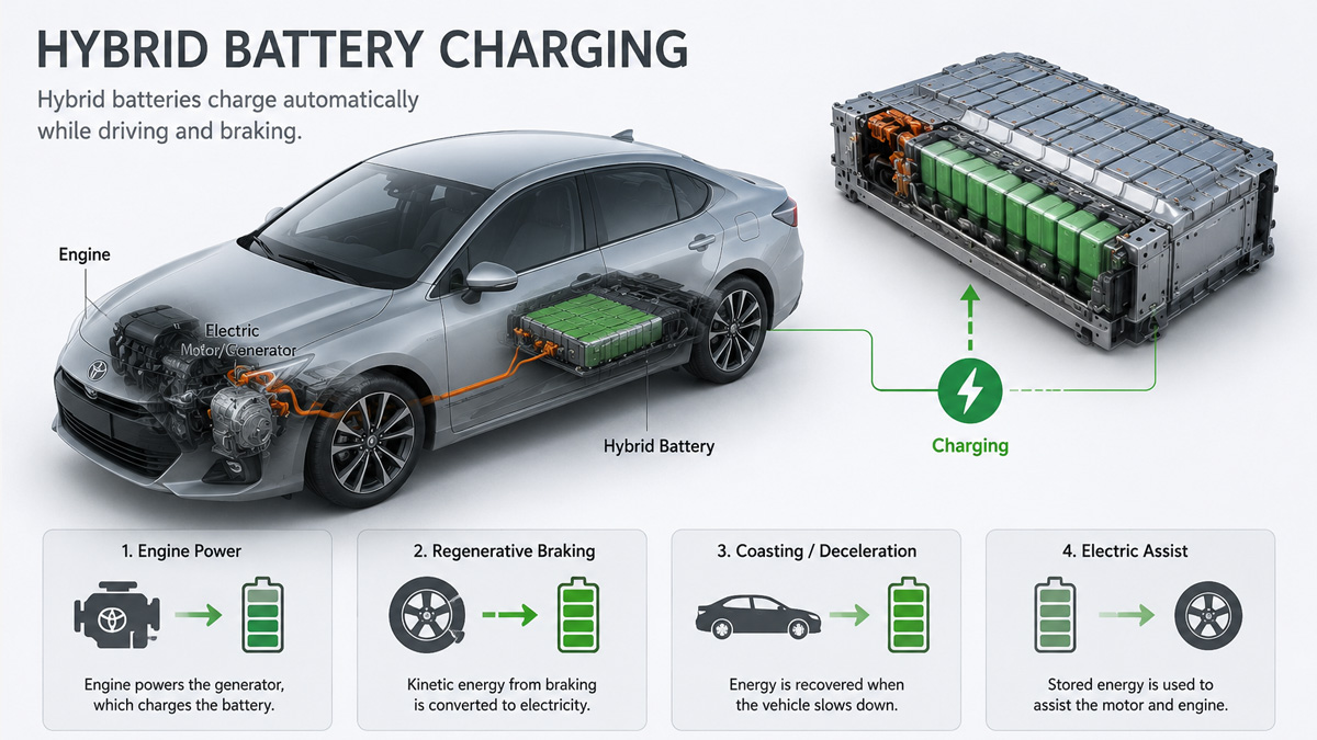 Hybrid battery charging methods including regenerative braking, engine power, and plug-in charging