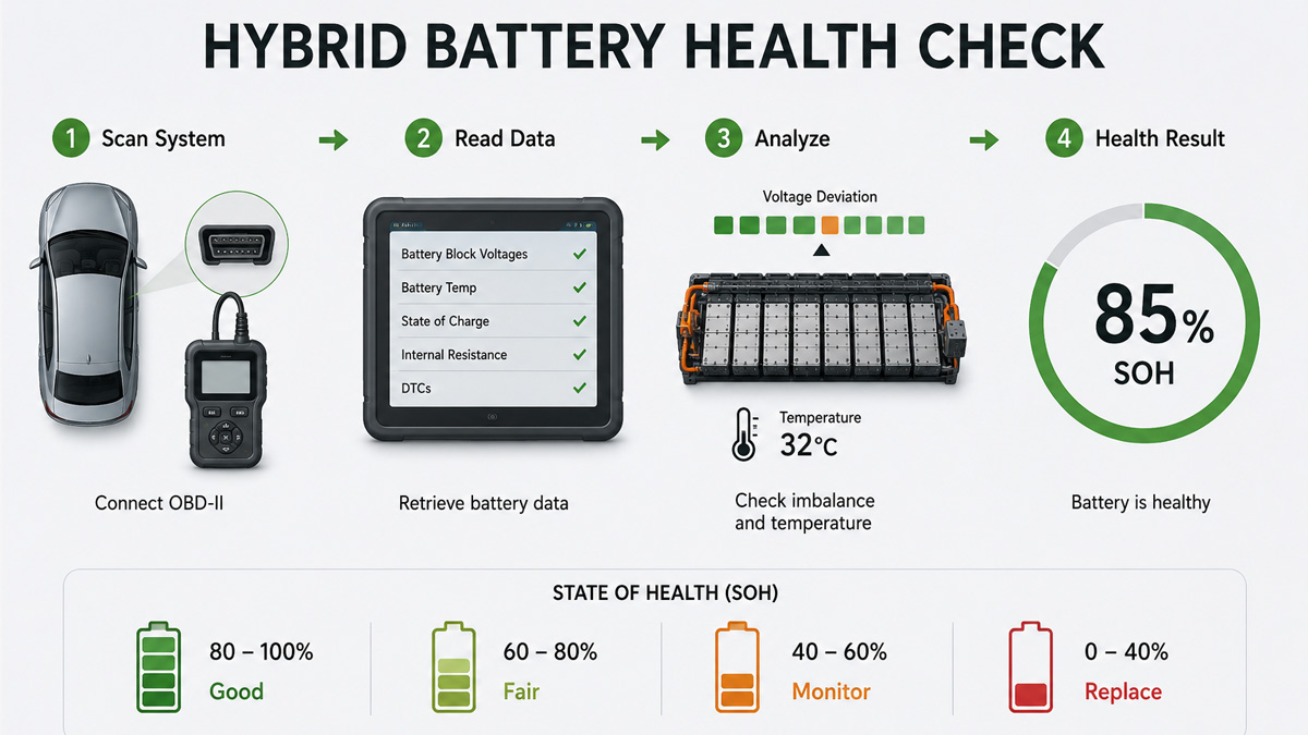 Hybrid battery health check showing voltage, temperature, and battery condition
